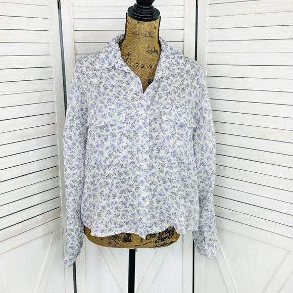 And Now This Floral Button Front Crop Utility Shirt Blouse White Purple Medium - Picture 1 of 14